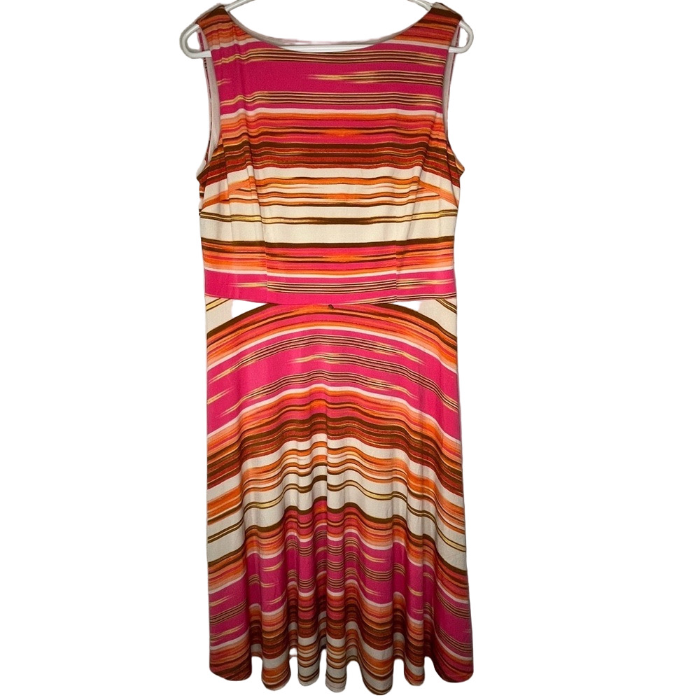Vintage Evan Picone Red Pink Striped Midi Fit and Flare Dress Womens Size 10